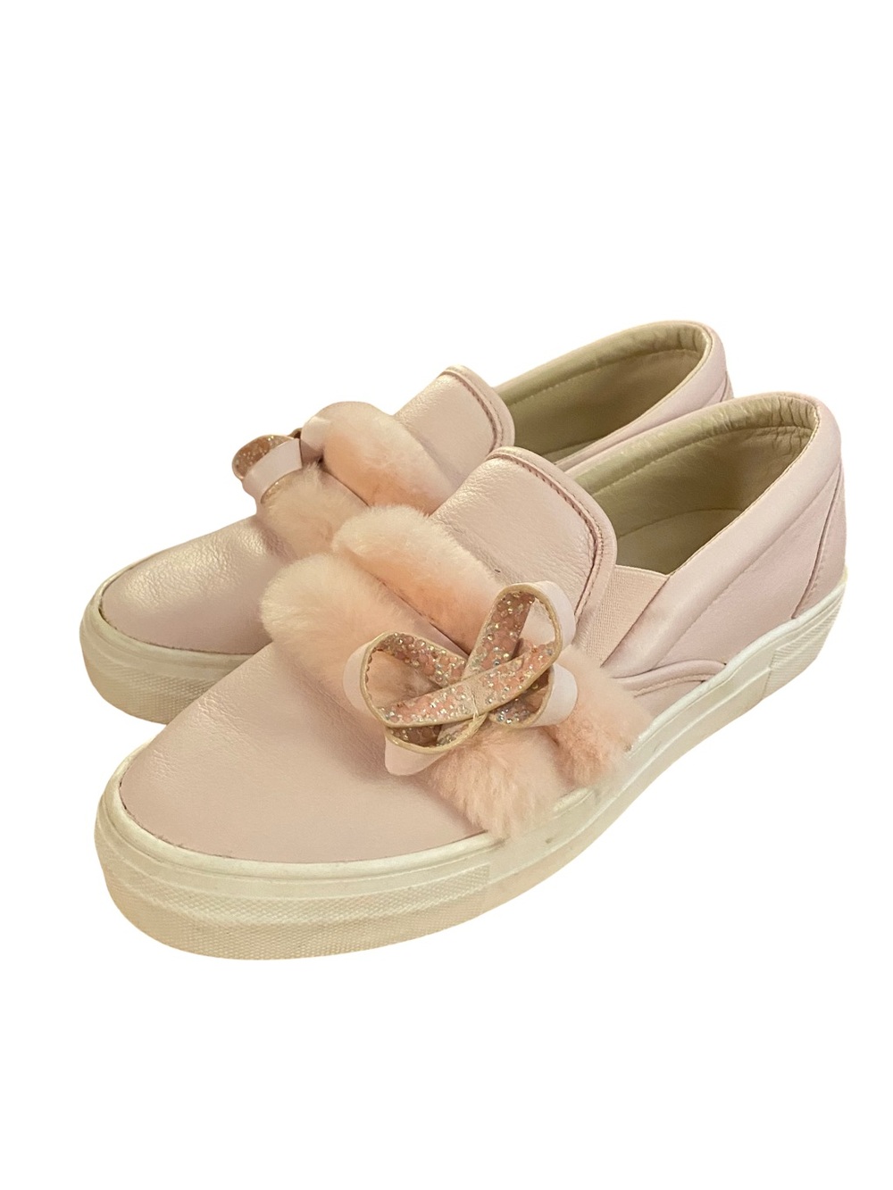 Sophia Webster pink Bella leather faux fur sparkle bow slip-on sneakers size 9.5
